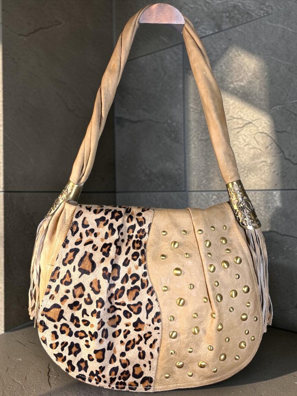Sharif 1827 Vintage Legacy Leopard Haircalf Studded Sample Shoulder Bag NWT
